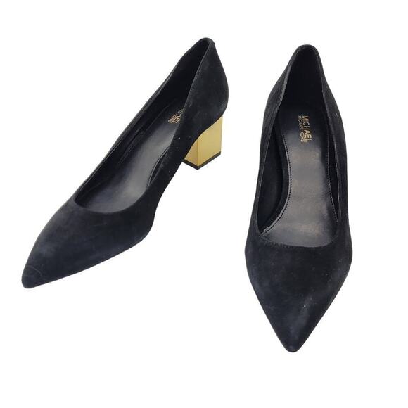 Michael Michael Kors NIB Suede Petra Pumps Black Gold Block Heel Slip On Size 7M - Picture 10 of 14
